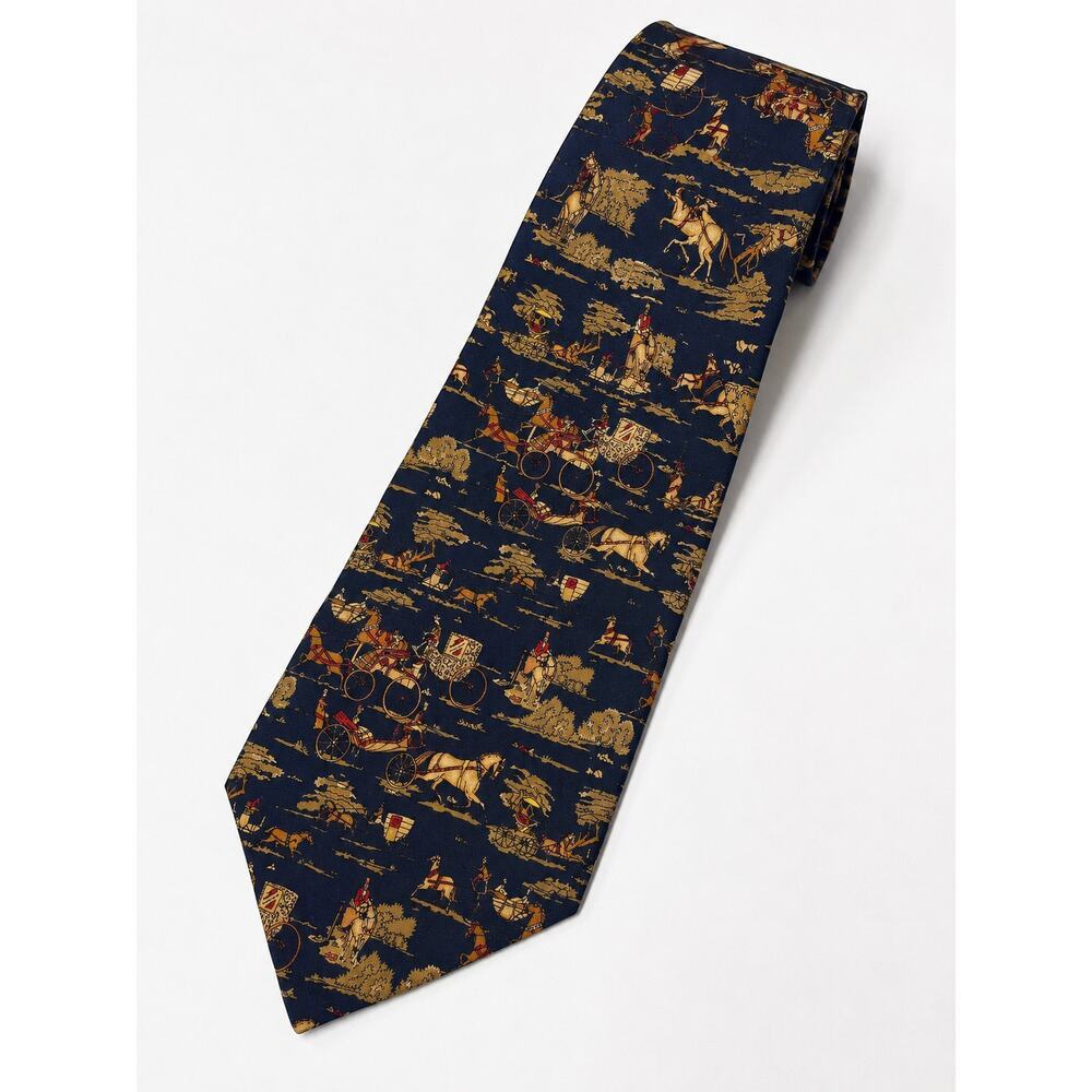 Salvatore Ferragamo Silk Tie Navy Equestrian Carriage Print Made in Italy 3.25”